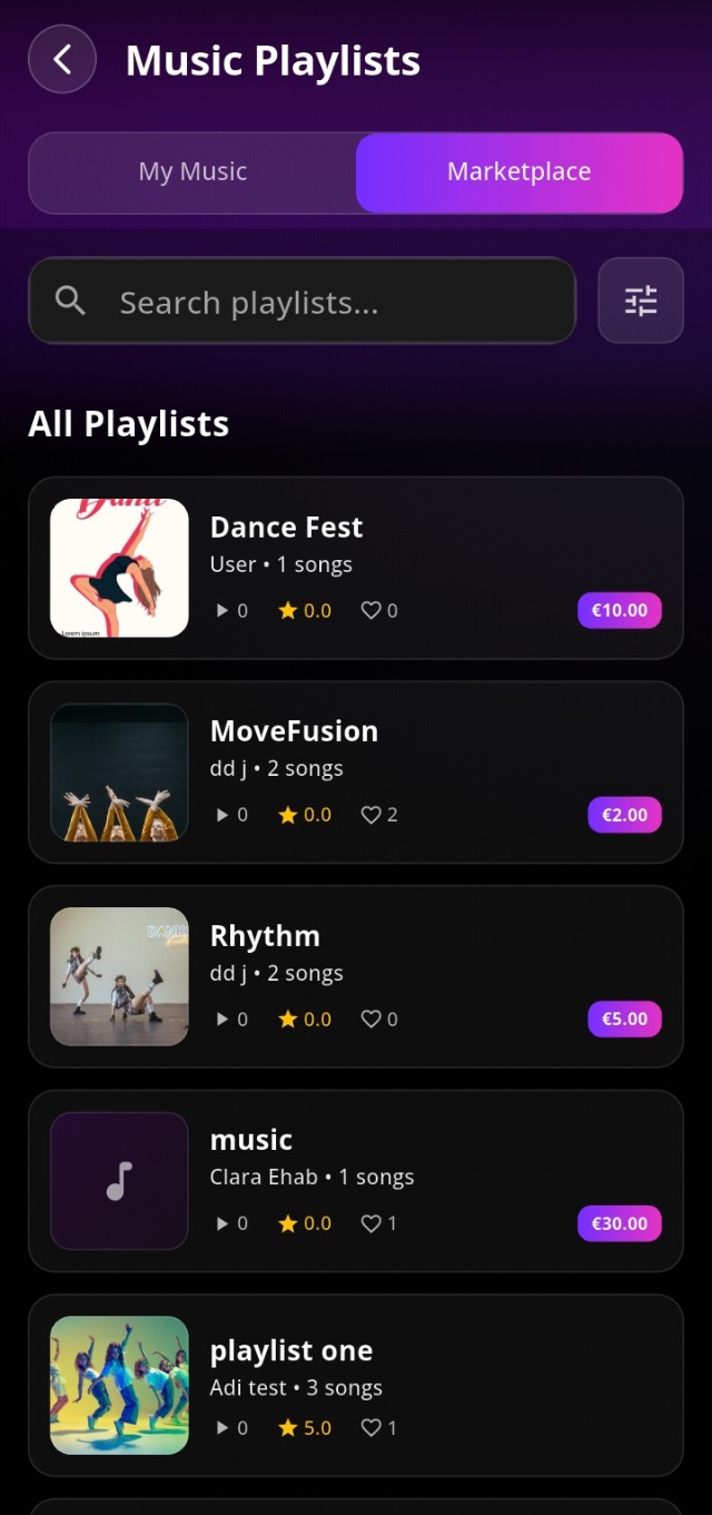 Music marketplace playlists in the app