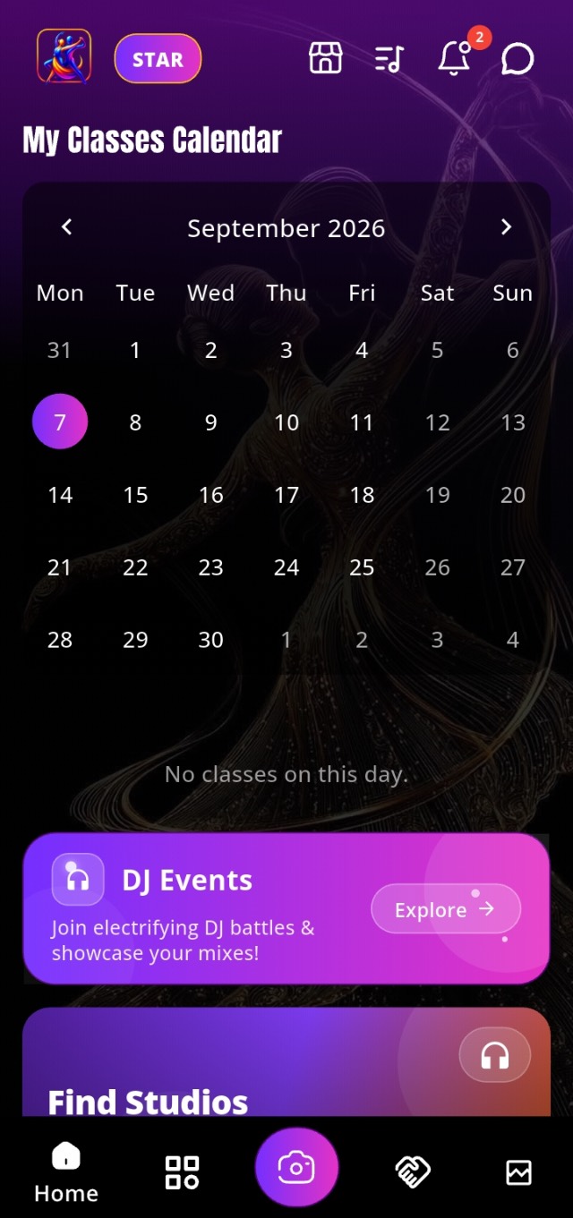 Class calendar and DJ events in the app