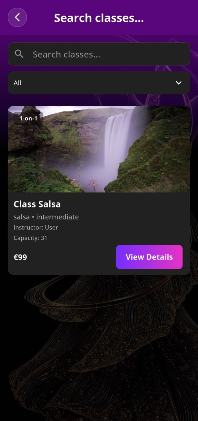 Class calendar in the Trillion Dancers app