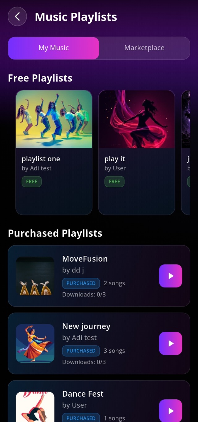 Music marketplace screen in the app